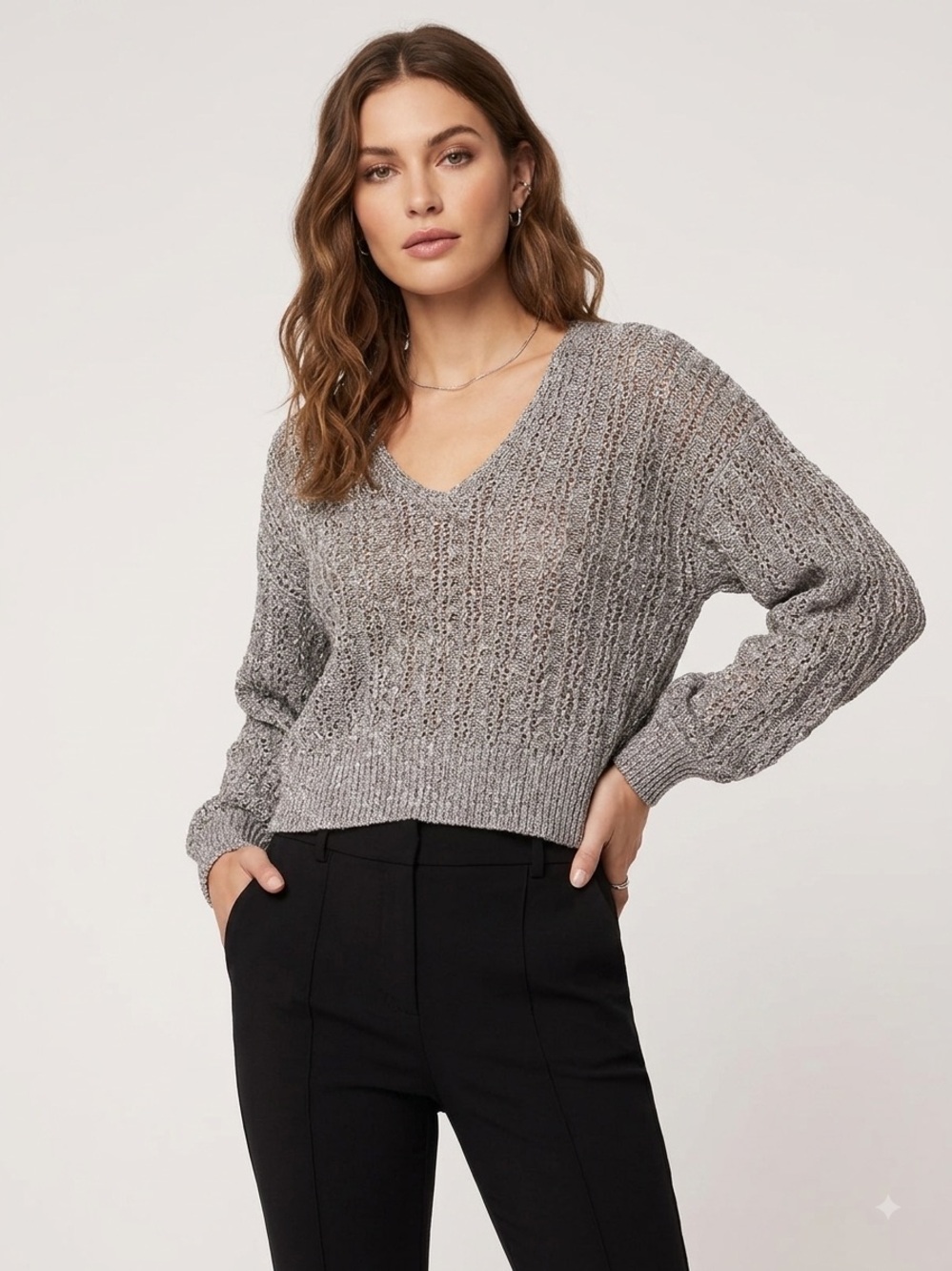 Ramy Brook Metallic V-Neck Wool Blend Sweater , Small